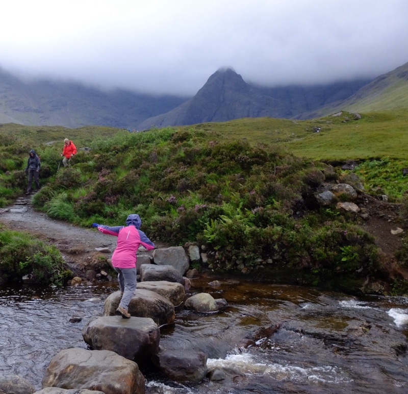 Ruth got plenty of practice at jumping between wet rocks at Glen Brittle at the base of the Cuillin mountains on Skye