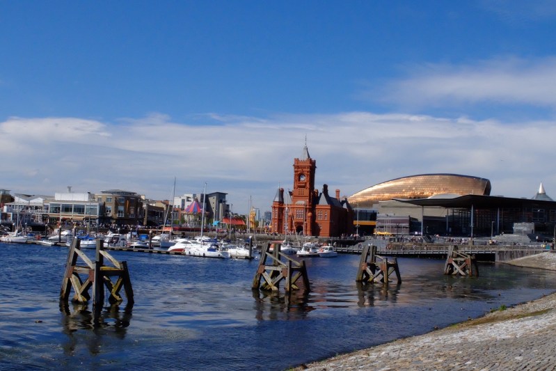 THe Millenium Centre (copper looking building) and National Assembly in Cardiff Bay 