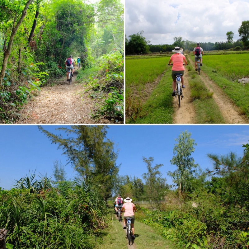 Our cycling took us along little more than tyre track through rice paddies, fields and along side the river. We passed through many hamlets and locals working in the fields.
