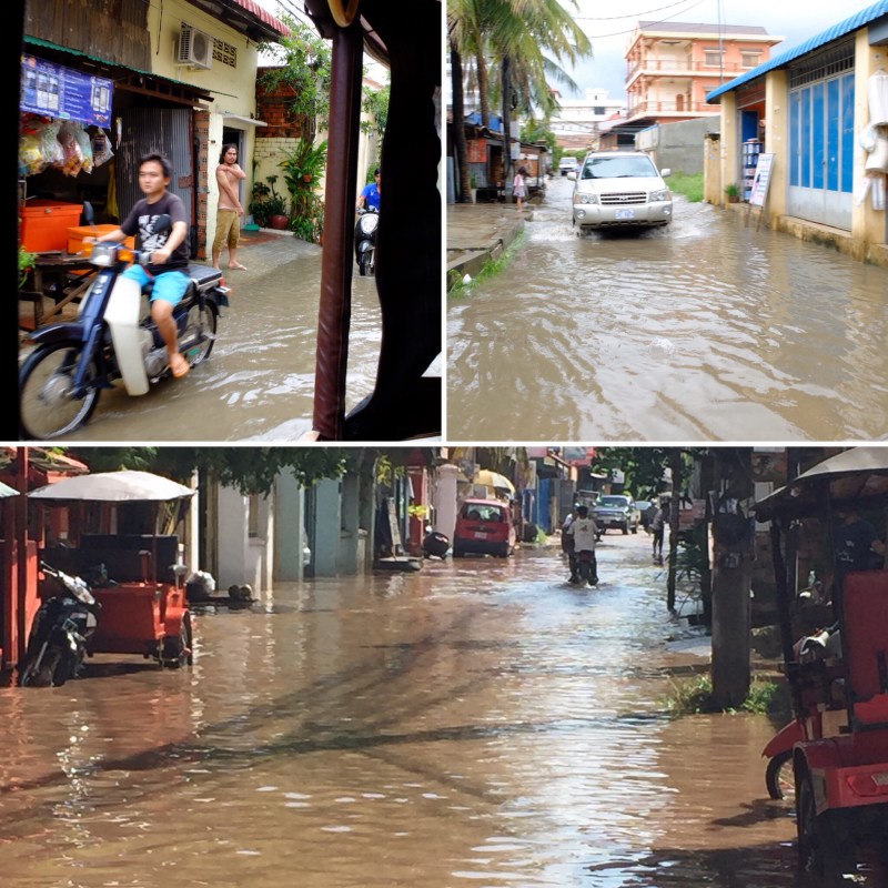 Heavy showers can be warded off with our trusty travel umbrellas which have served us well during our travels. The rain turns many streets into canals and it gets messy under foot for quite some time. We have struck this in both Phnom Penh (top) and Siem Reap (bottom). However, when the sun comes out the umbrellas are lttle use in thwarting the moisture that results from the sauna like conditions. Whether biking or walking it is just one of those things you have to get used to.